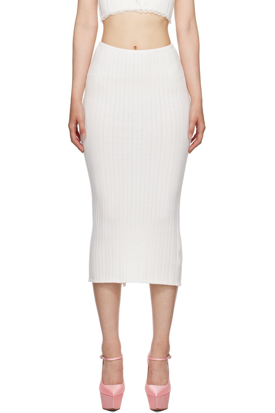 GUIZIO - Jupe midi blanche en tricot côtelé