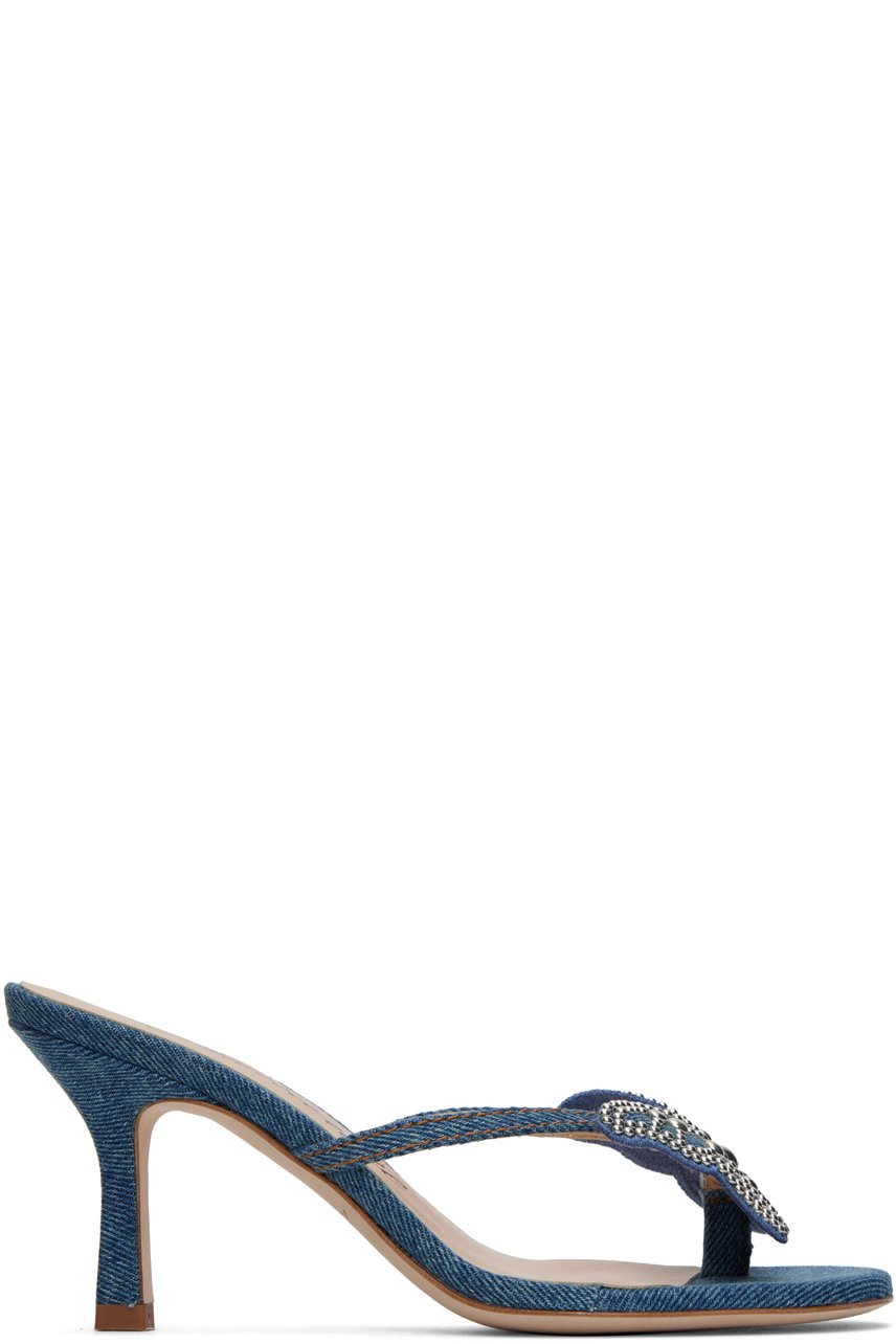 Blumarine - Sandales bleues en denim à bride de style tong graphique