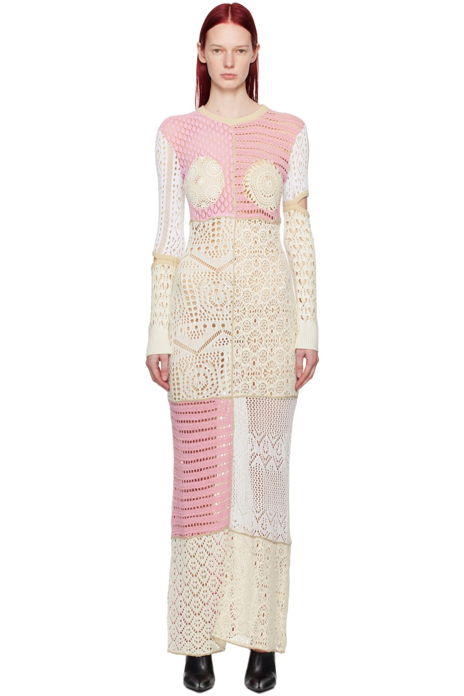 Marine Serre - Robe longue beige et rose en coton suprarecyclé