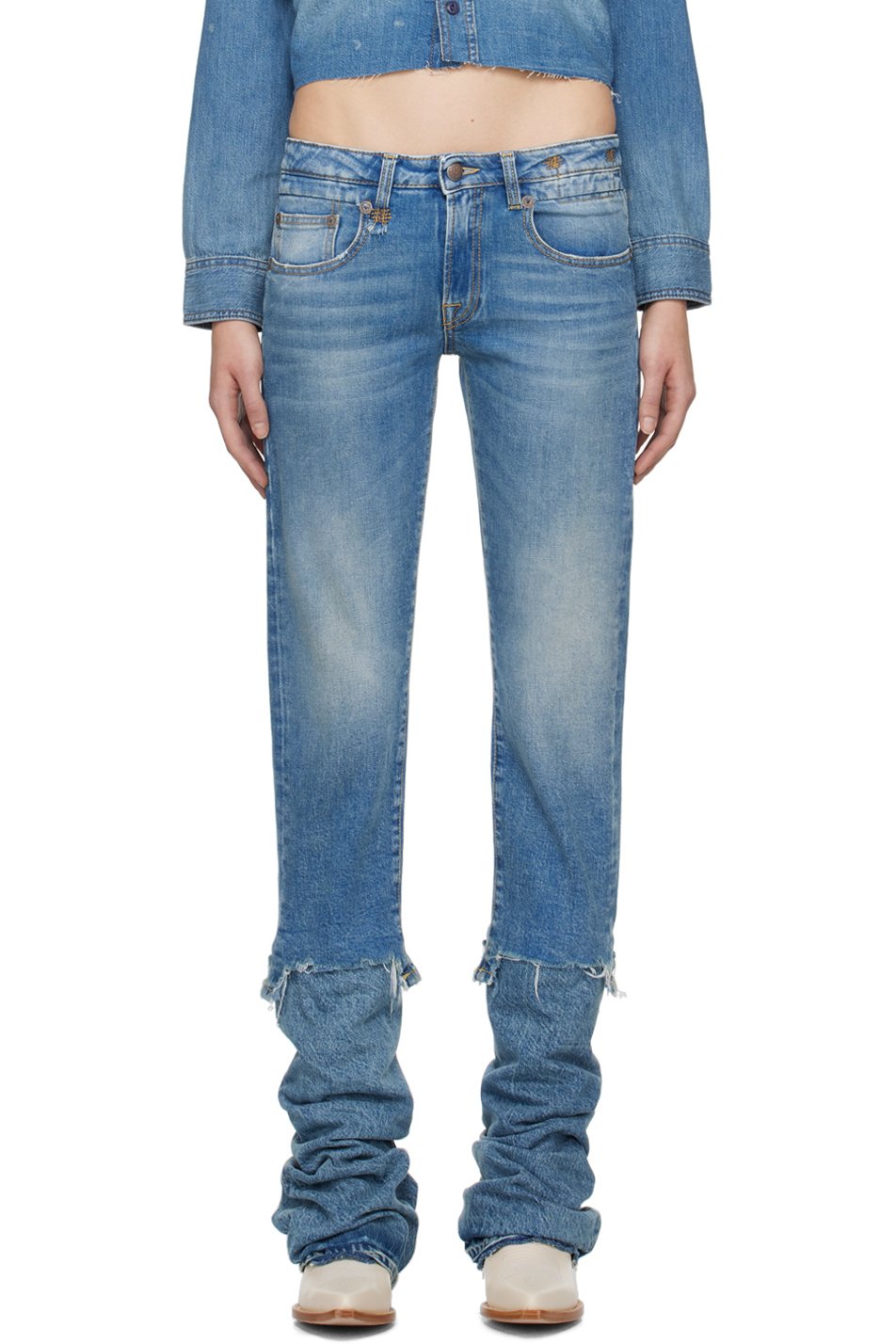 R13 - Jean boyfriend droit bleu à bords bruts