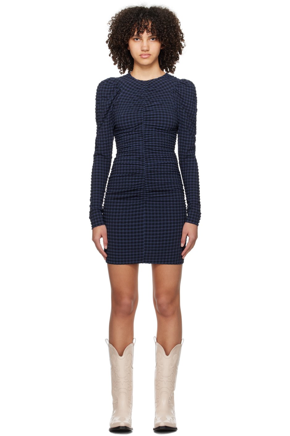 GANNI - Robe courte bleu et noir à effet ruché