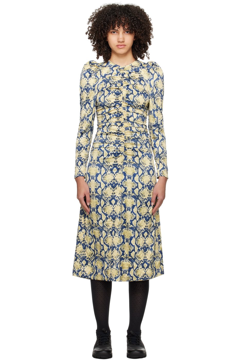 GANNI - Robe midi bleu et beige à motif peau de serpent