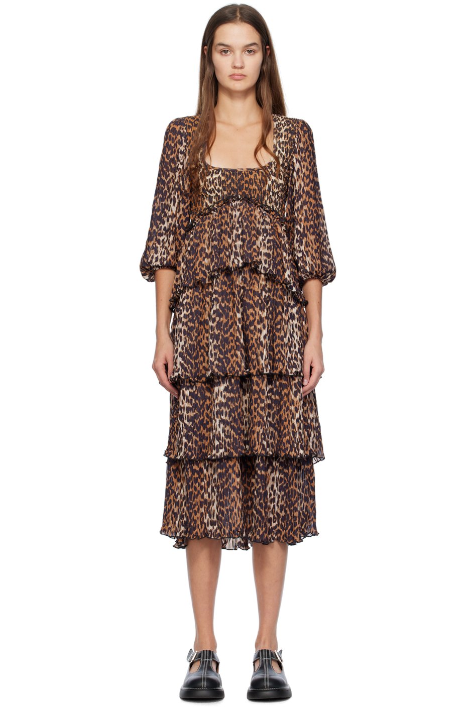GANNI - Robe midi brune à motif léopard imprimé