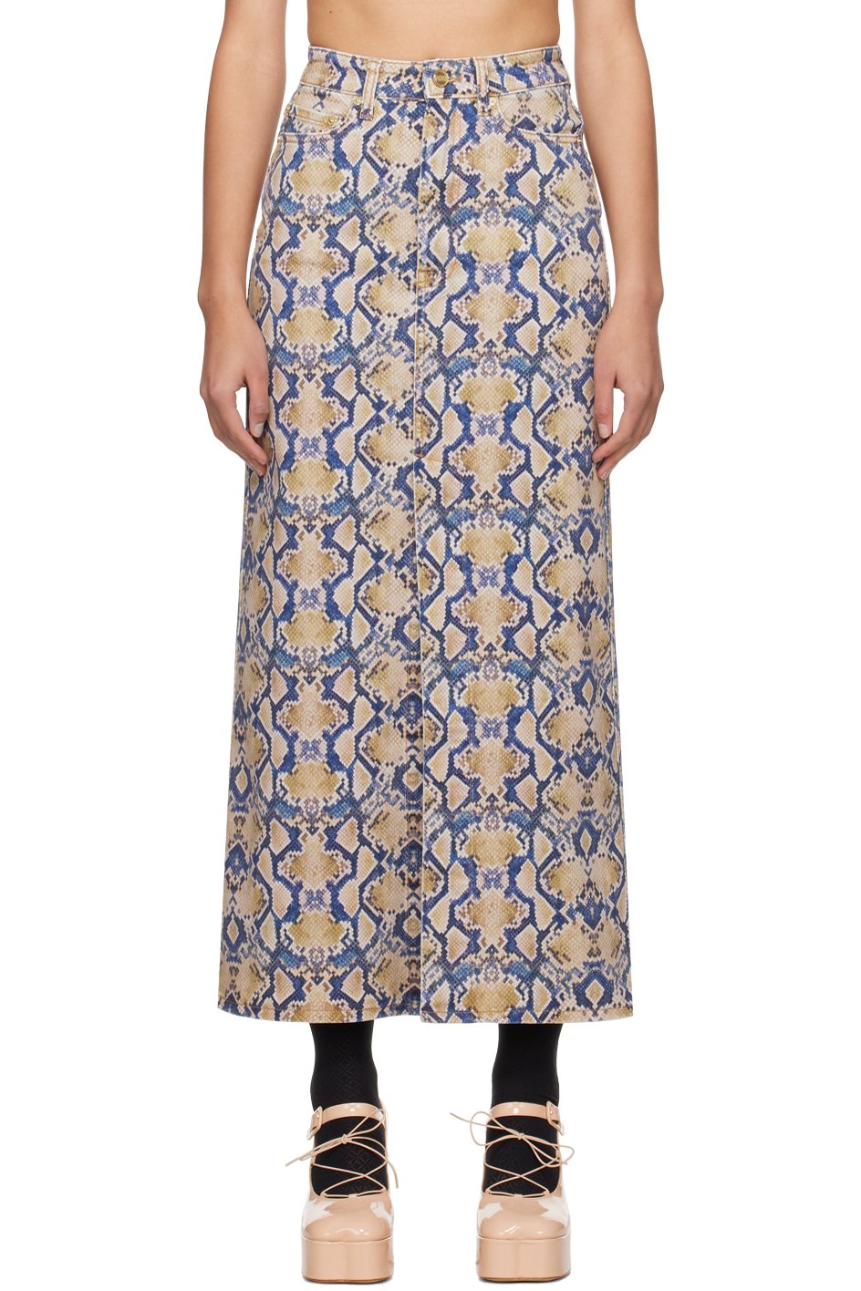 GANNI - Jupe longue bleu et jaune en denim à motif peau de serpent imprimé