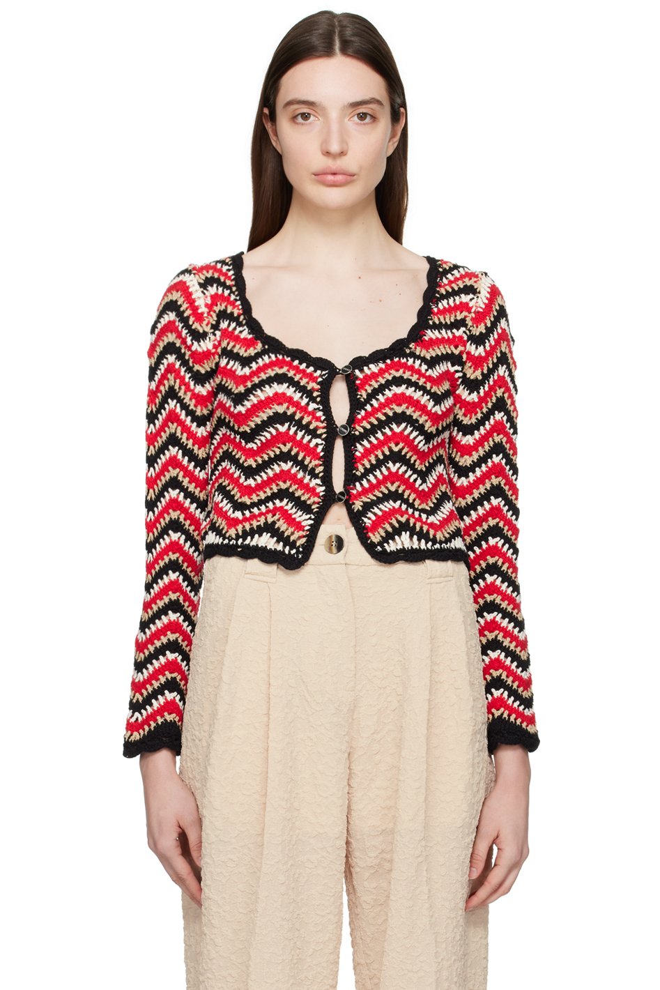GANNI - Cardigan rouge à motif chevronné