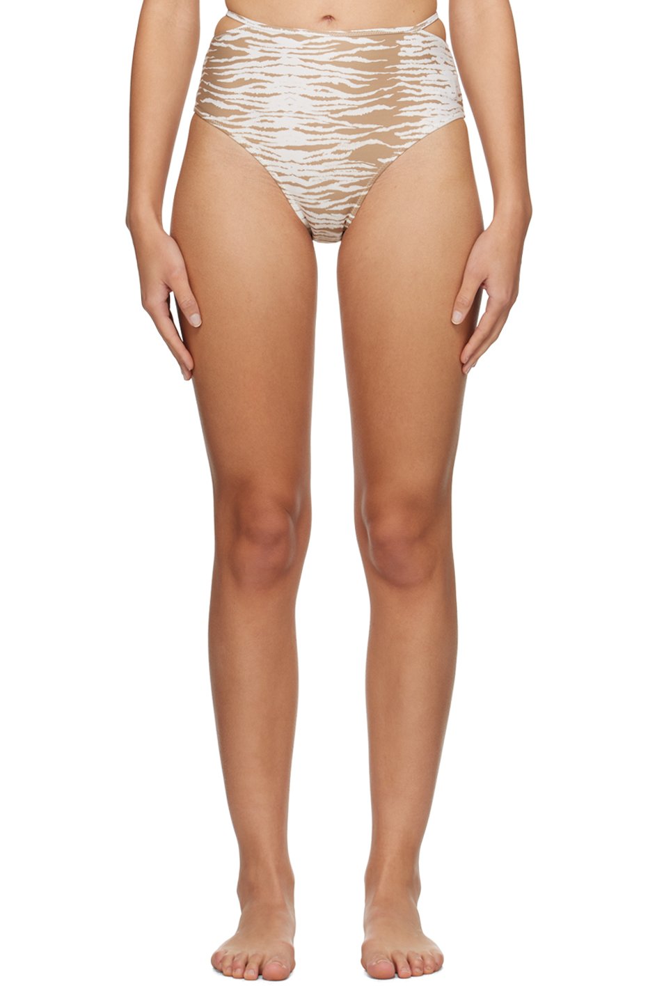 GANNI - Culotte de bikini beige à motif graphique imprimé
