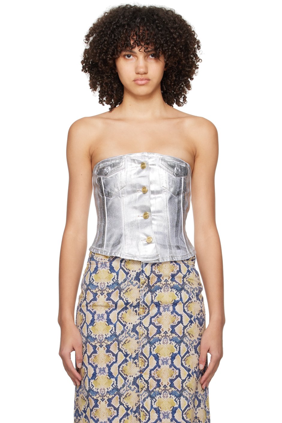 GANNI - Débardeur de style corset argenté en denim
