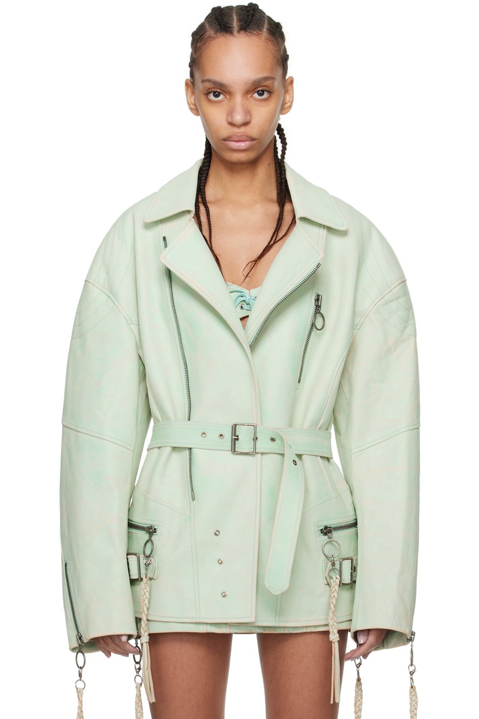 KNWLS - Blouson Nihil vert en cuir exclusif à SSENSE