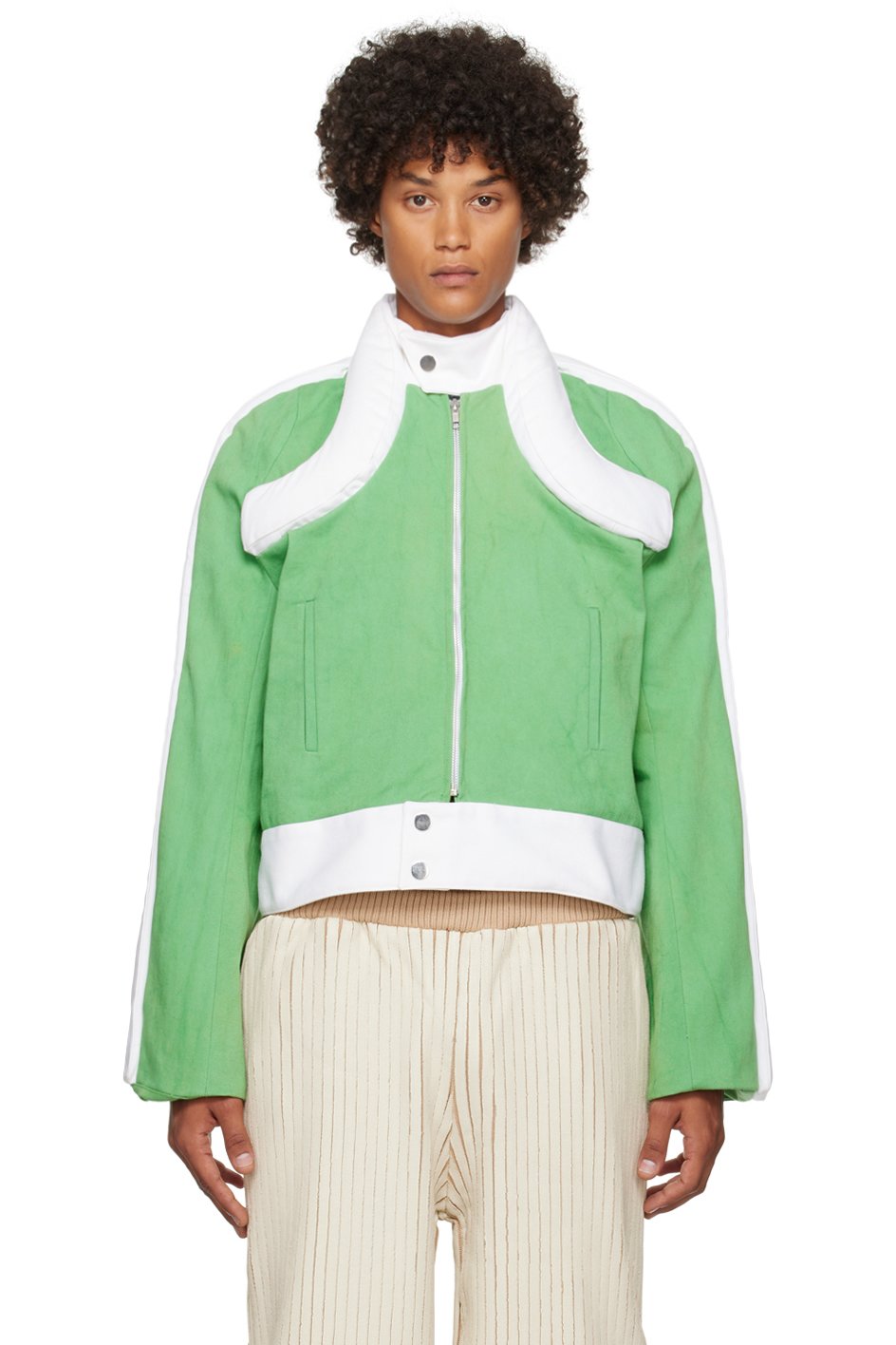 Stanley Raffington - Blouson vert et blanc en denim exclusif à SSENSE