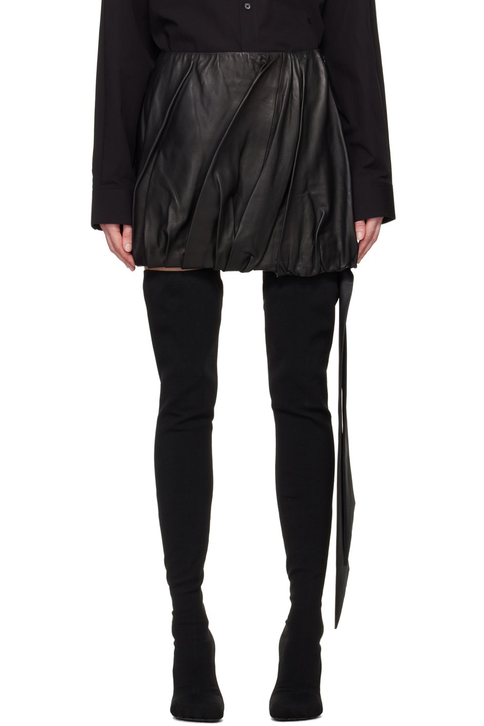 Helmut Lang - Minijupe noire en cuir à ourlet bouffant