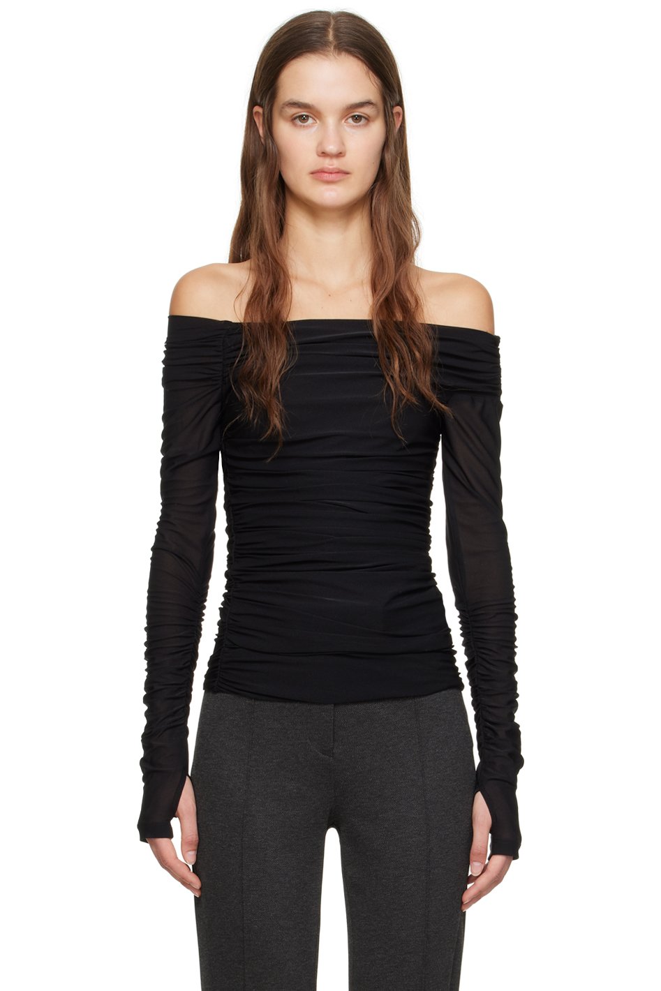 Helmut Lang - T-shirt à manches longues noir à effet ruché