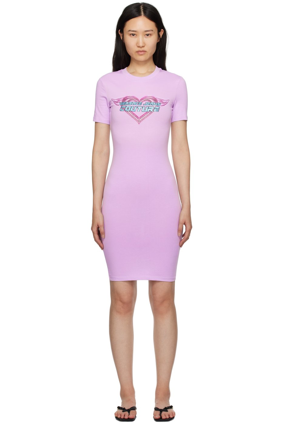 Versace Jeans Couture - Robe midi mauve à appliqués en verre taillé