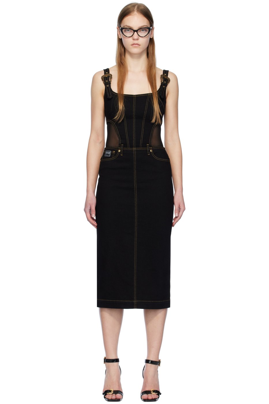 Versace Jeans Couture - Robe midi noire en denim à boucles Baroque