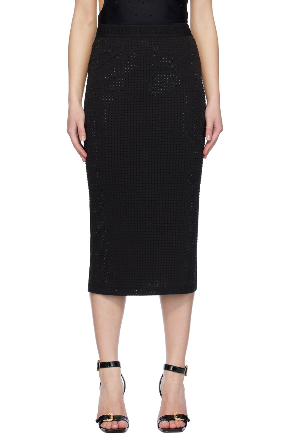 Versace Jeans Couture - Jupe midi noire à ornements en verre taillé