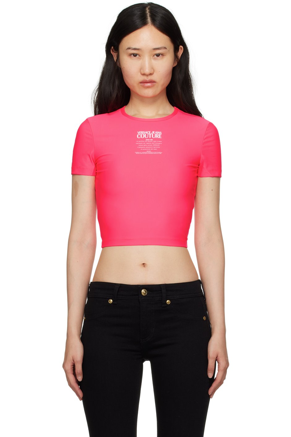 Versace Jeans Couture - T-shirt rose à logo et texte imprimés