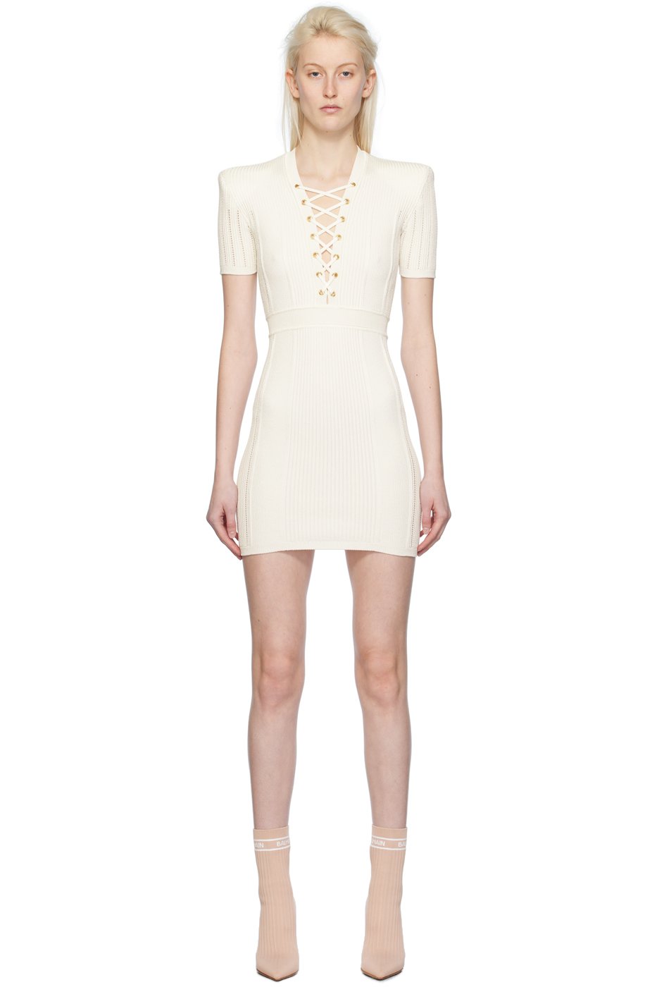 Balmain - Robe courte blanche à col en V à ornement lacé