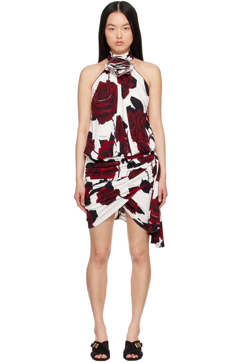 Balmain - Robe courte blanc et rouge à motif fleuri