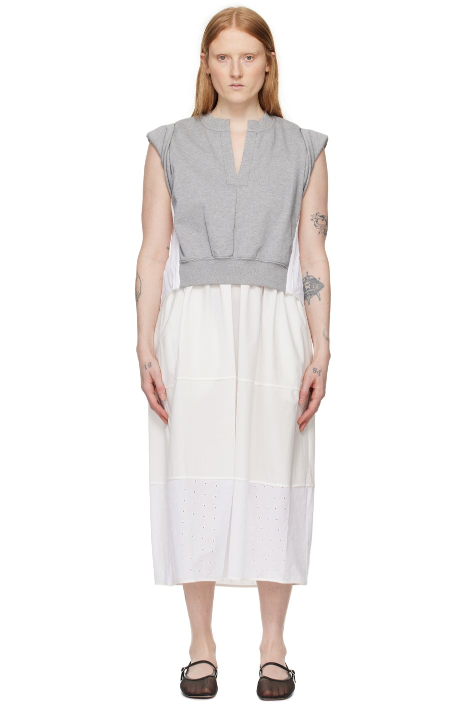 3.1 Phillip Lim - Robe midi gris et blanc à mancherons à bord roulé