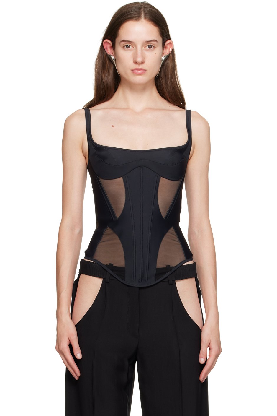 Mugler - Débardeur noir à panneaux en filet