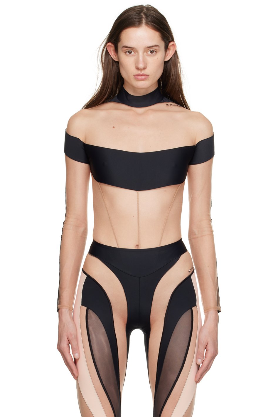 Mugler - Justaucorps noir à panneaux en tulle