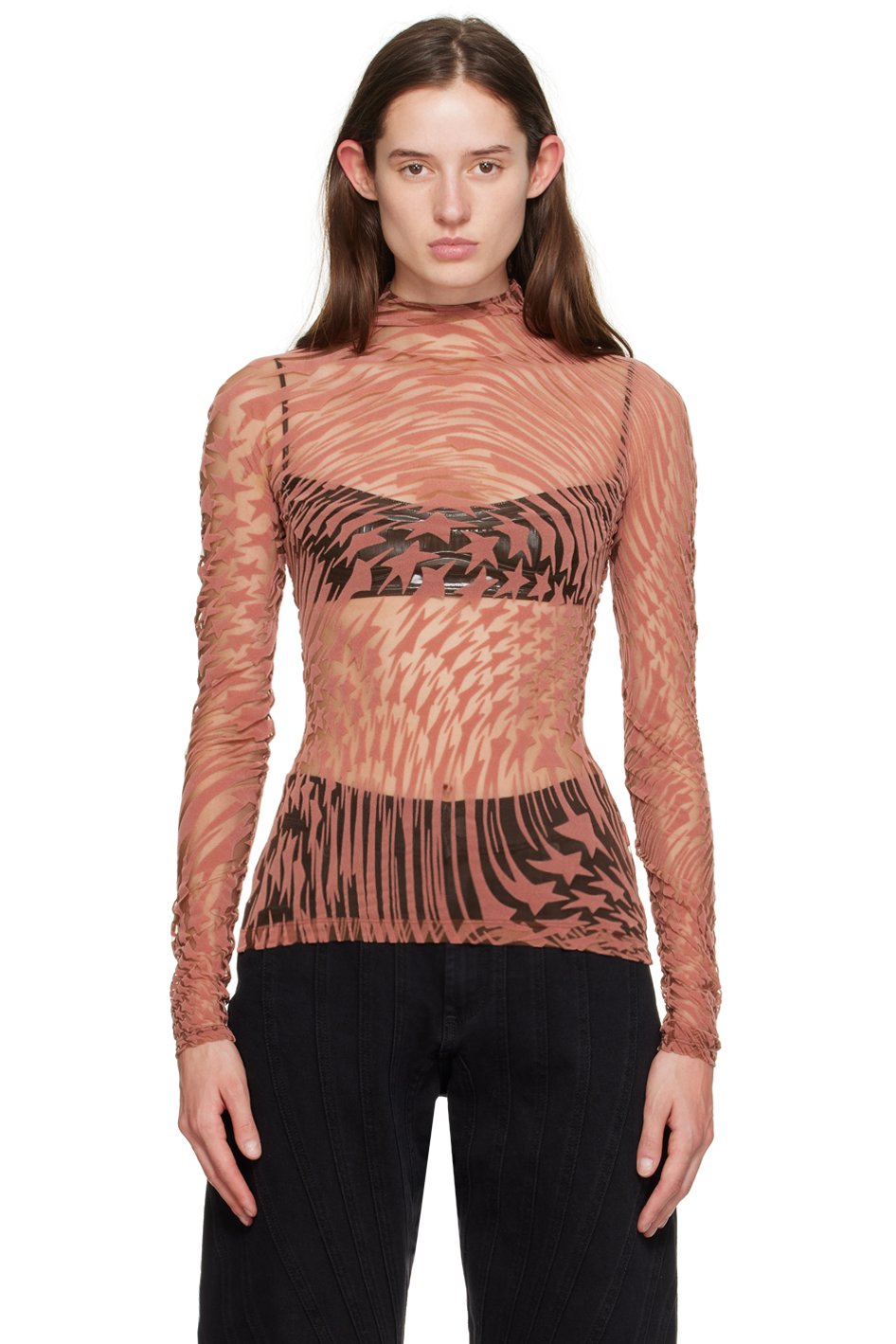 Mugler - T-shirt à manches longues rose à motif étoilé