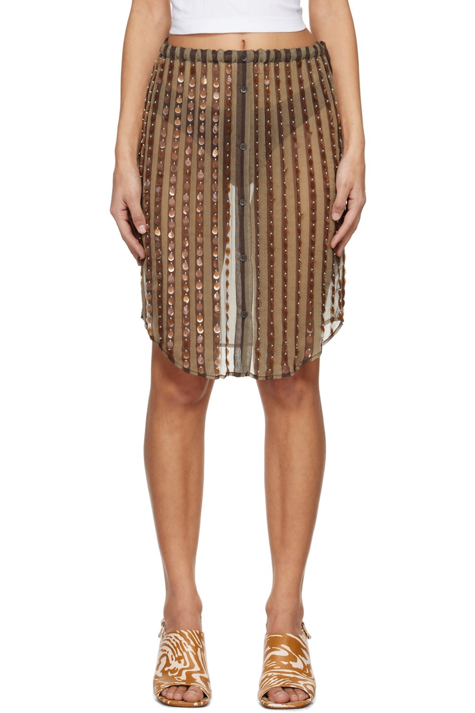 Dries Van Noten - Jupe midi brun et beige à paillettes