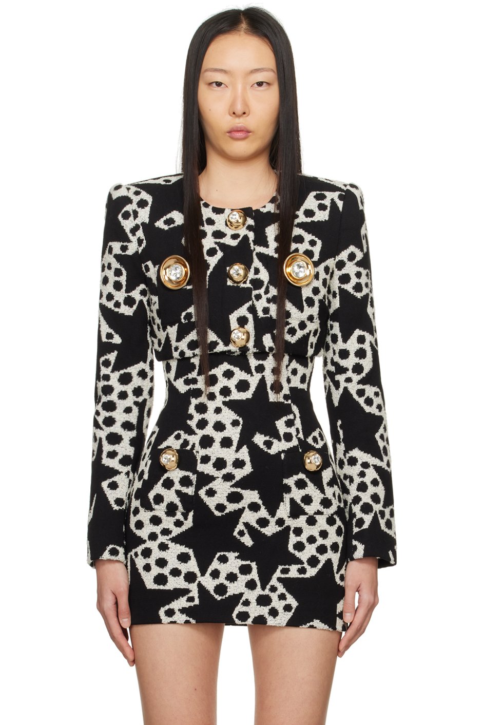 AREA - Black & Off-White Crystal Medallion Blazer