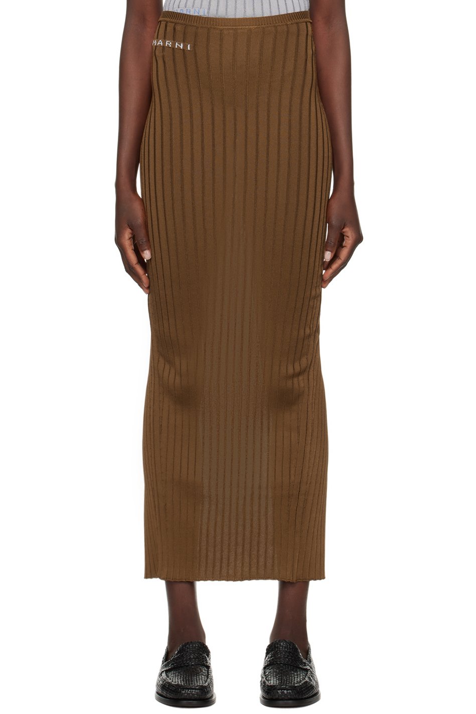 Marni - Jupe longue brune en tricot côtelé