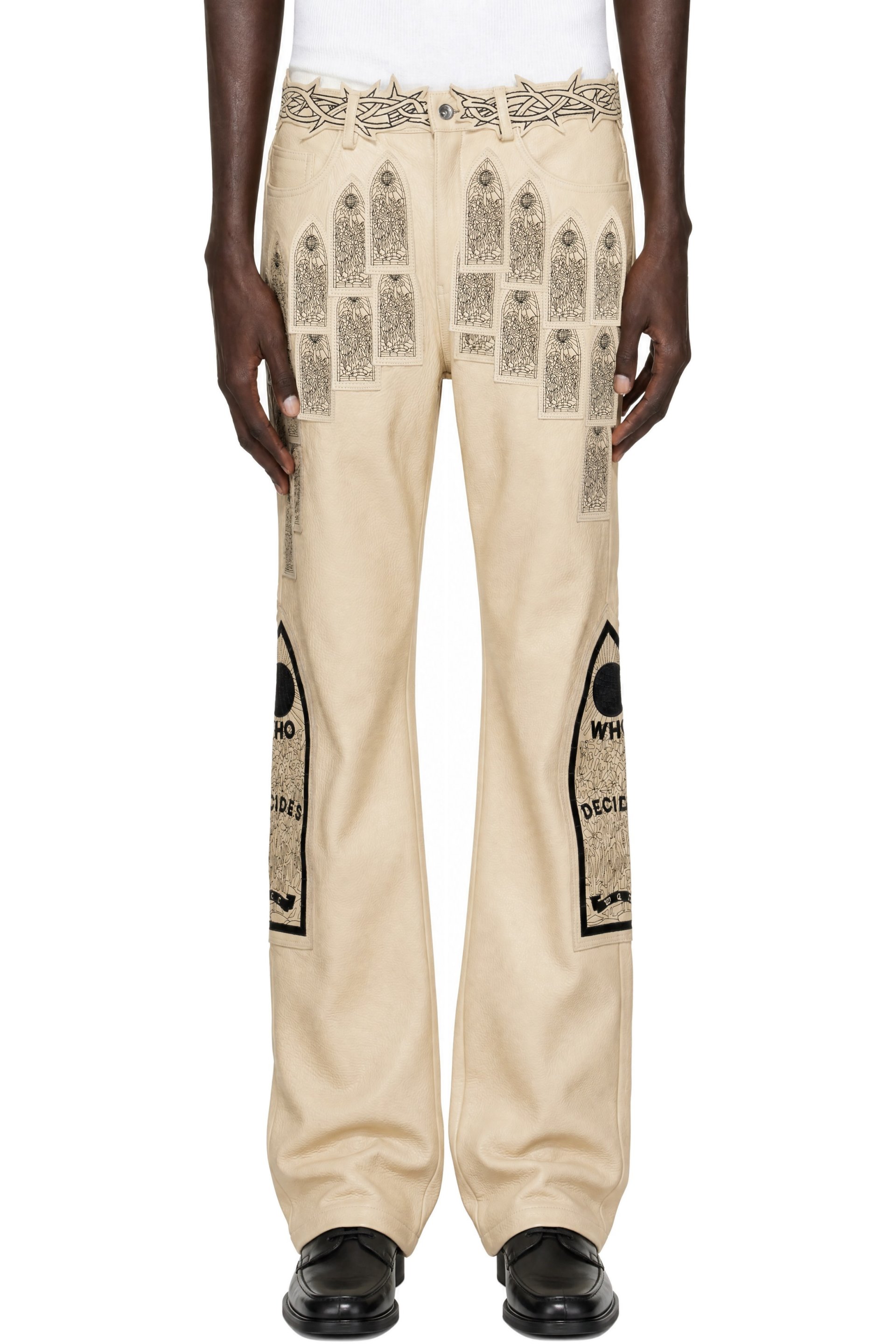 Who Decides War - Beige Patched Arch Embroidered Leather Trousers