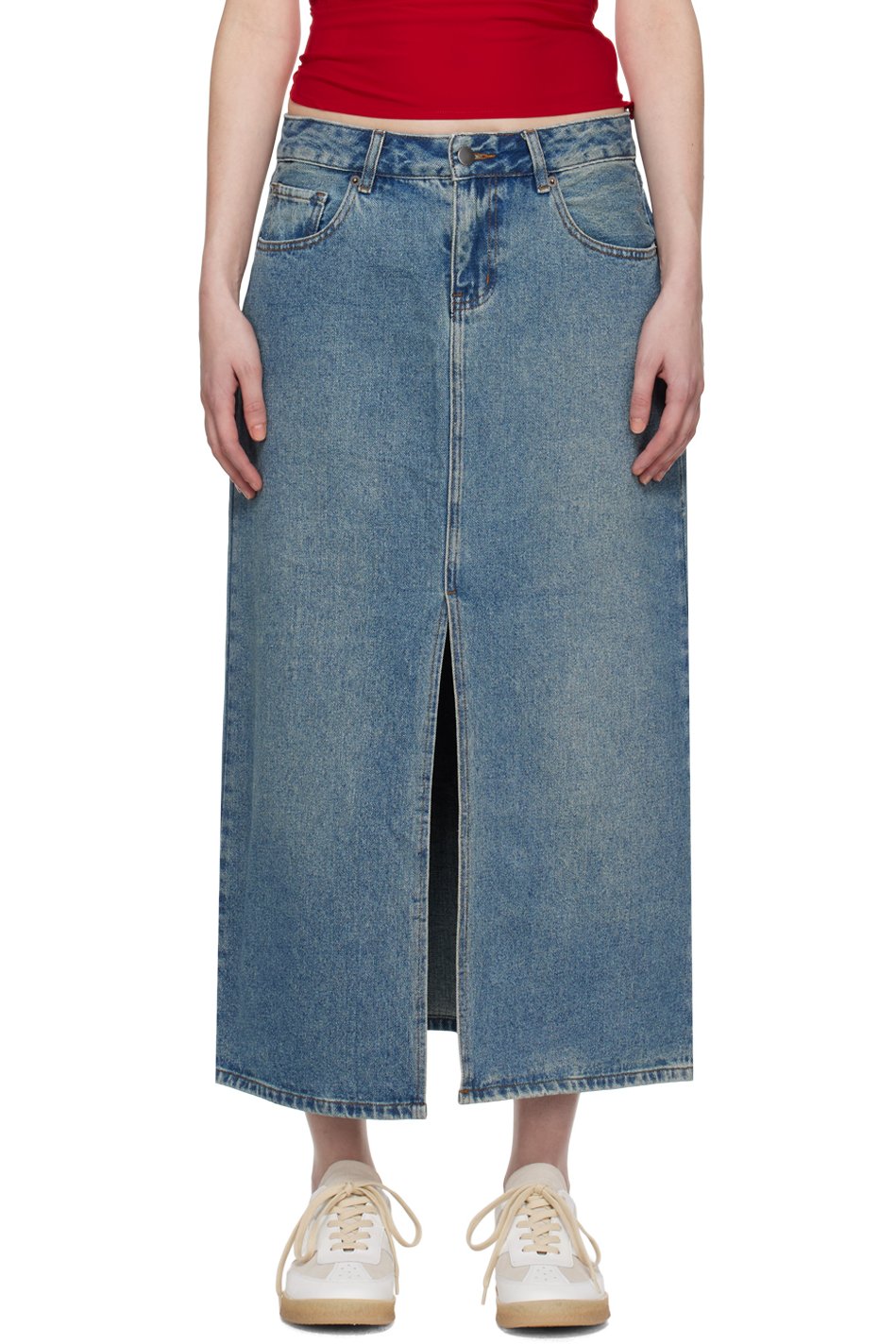 Wynn Hamlyn - Jupe longue indigo en denim à effet délavé