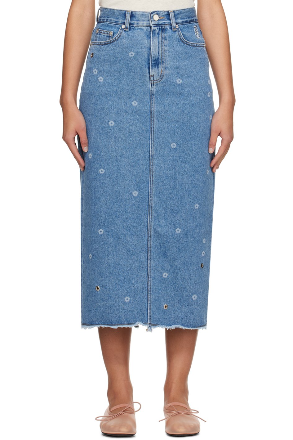 Kijun - Jupe longue bleue en denim à motif fleuri