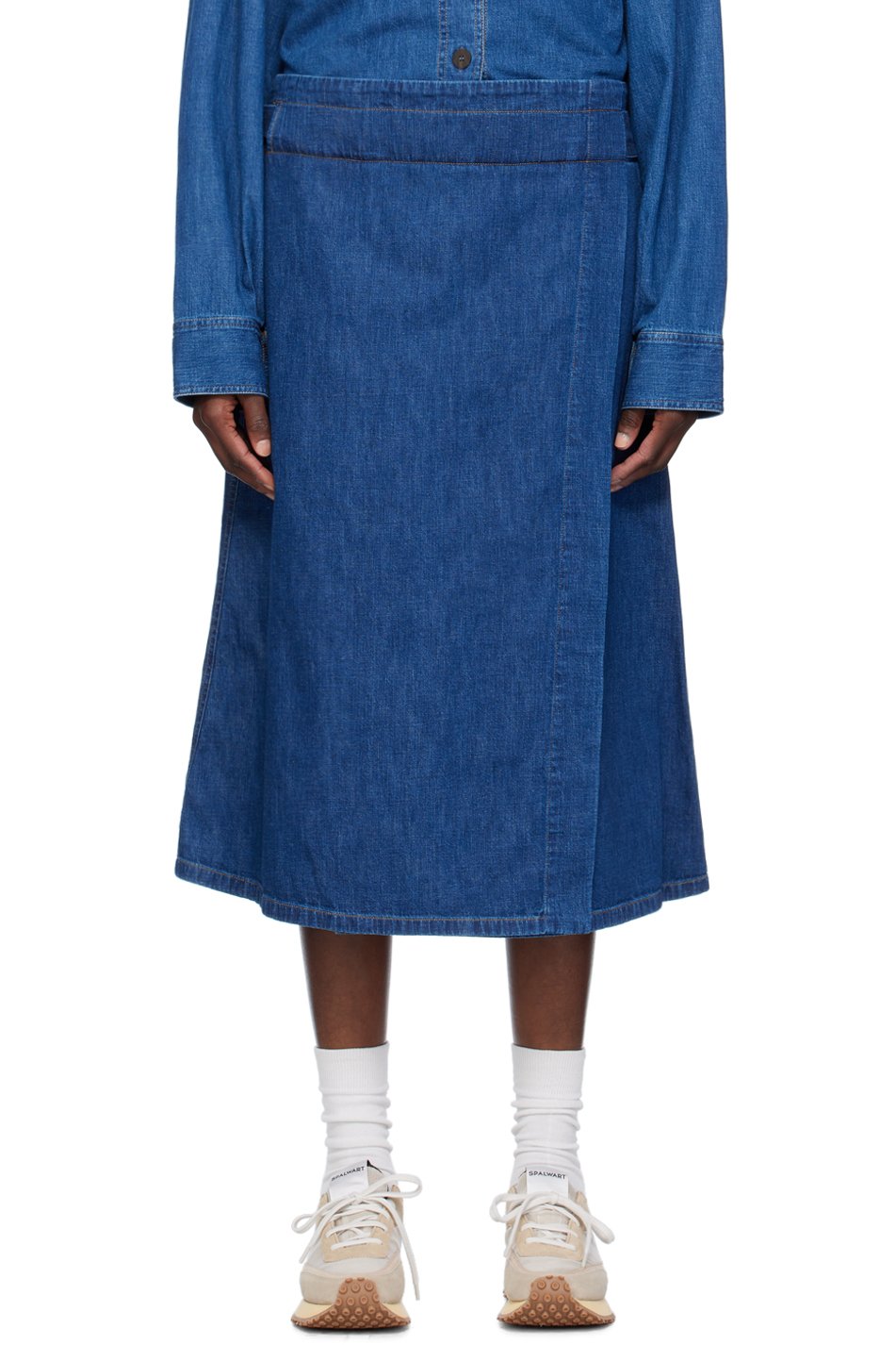 Studio Nicholson - Jupe midi portefeuille indigo en denim