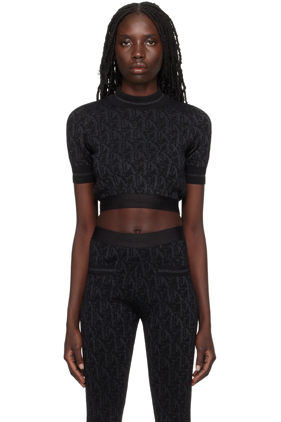 Palm Angels - T-shirt noir à images à logo en tricot jacquard