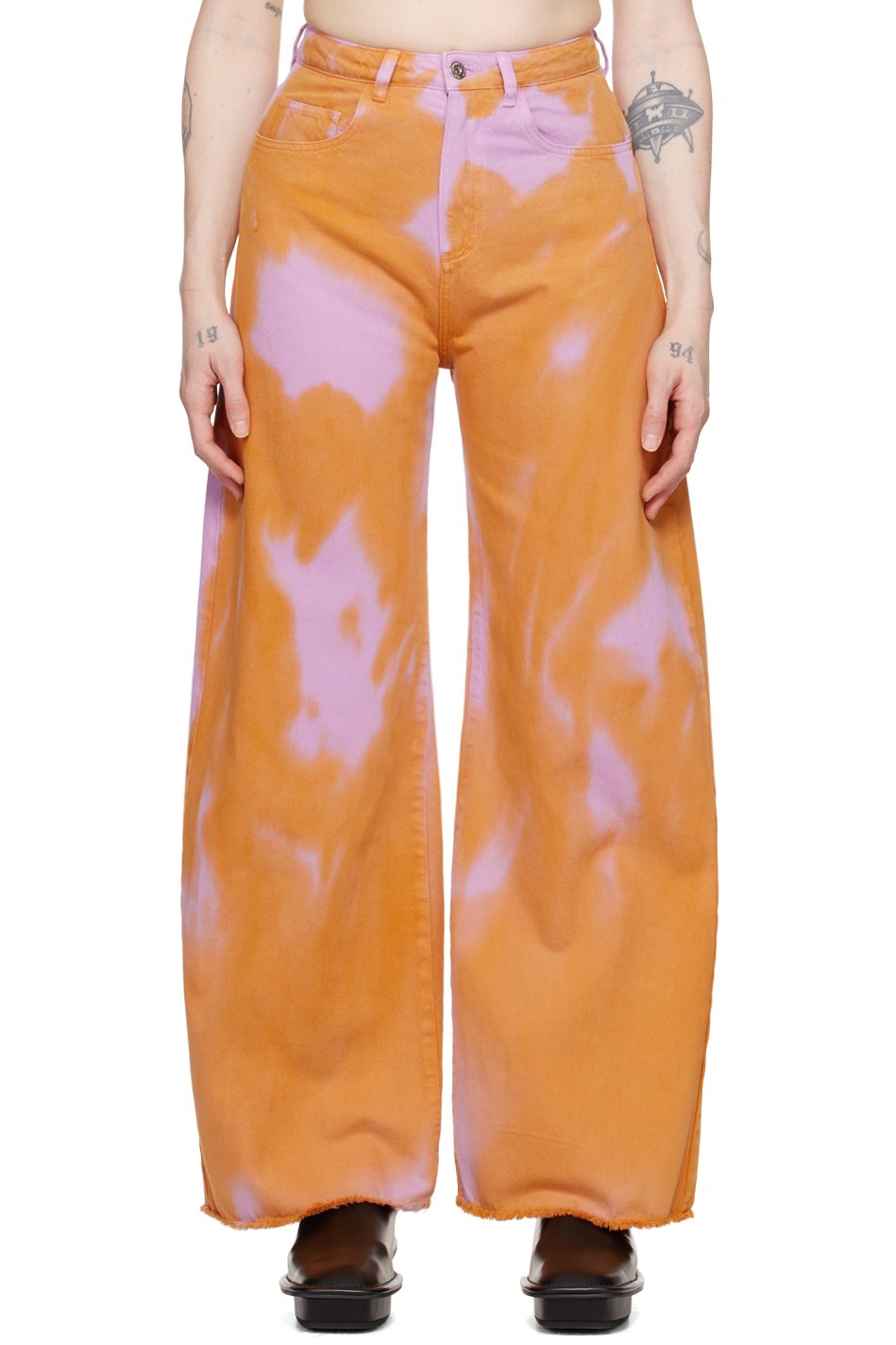 Marques Almeida - Jean boyfriend orange et rose à motif tie-dye