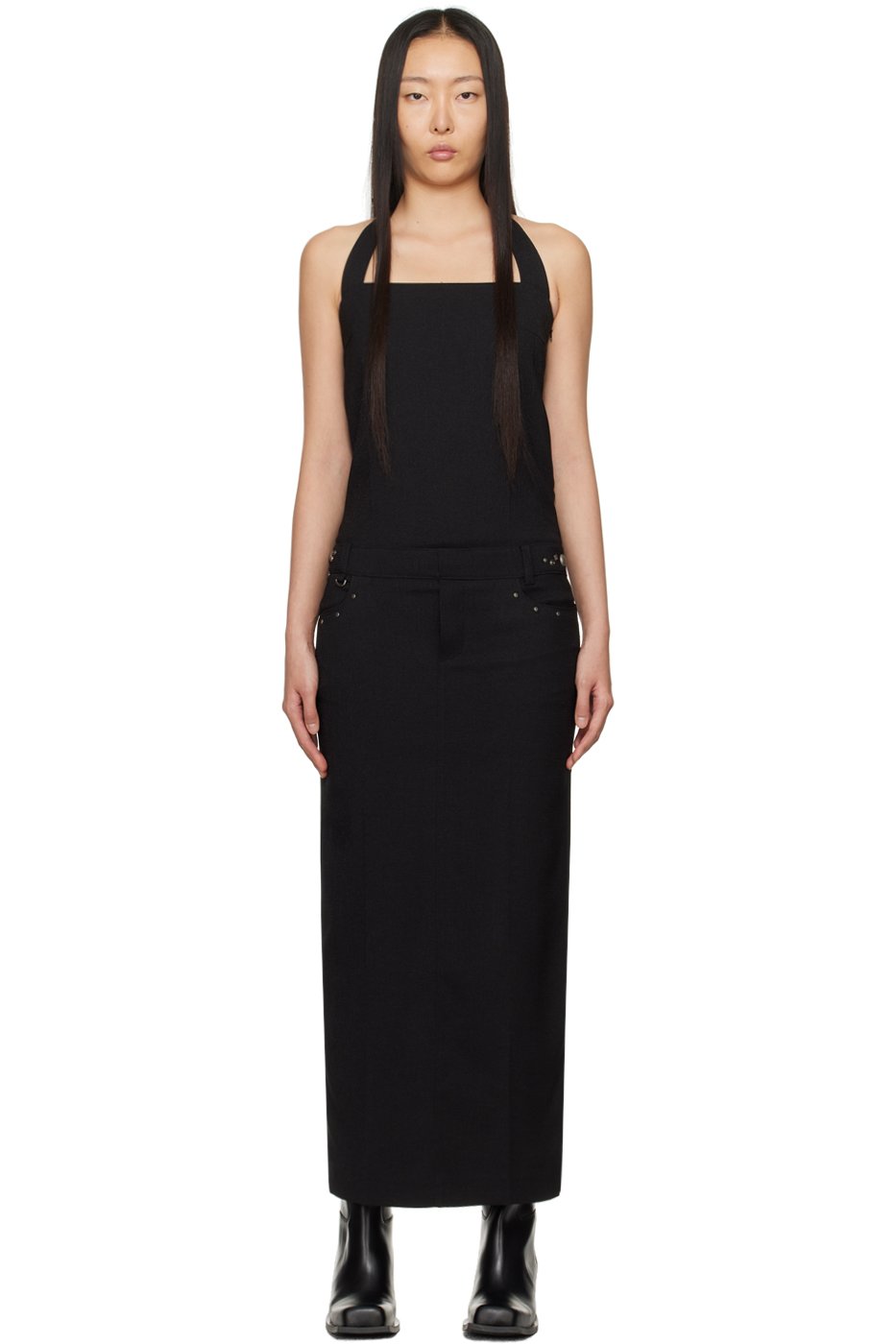 lesugiatelier - Robe longue noire à corsage bain de soleil