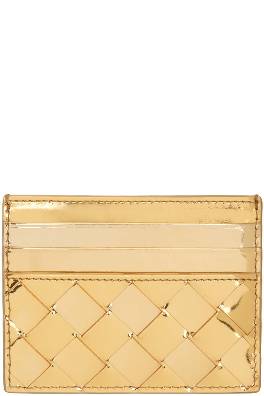 Bottega Veneta - Porte-carte doré en cuir tissé façon intrecciato