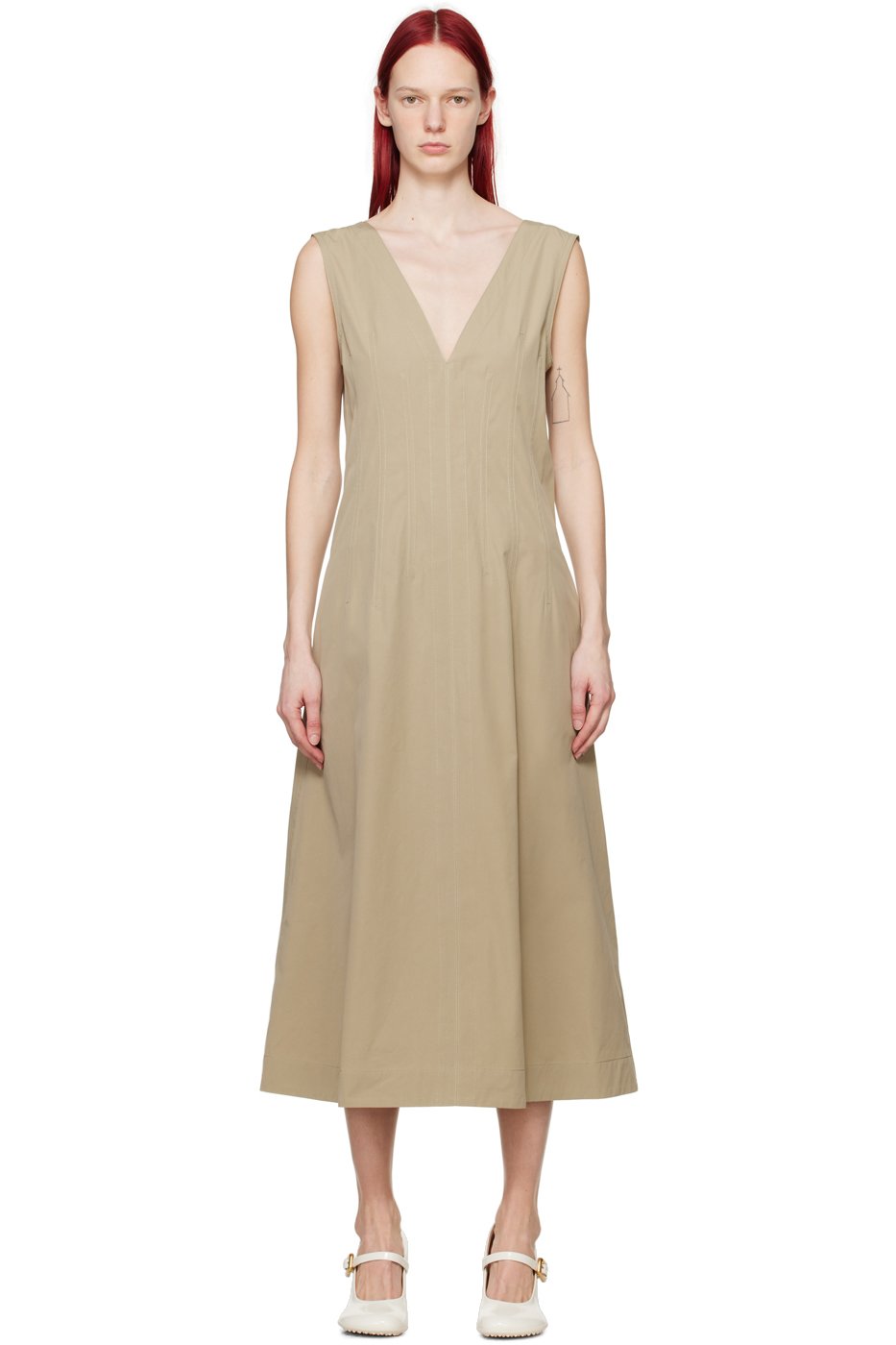 Bottega Veneta - Robe longue beige à col plongeant