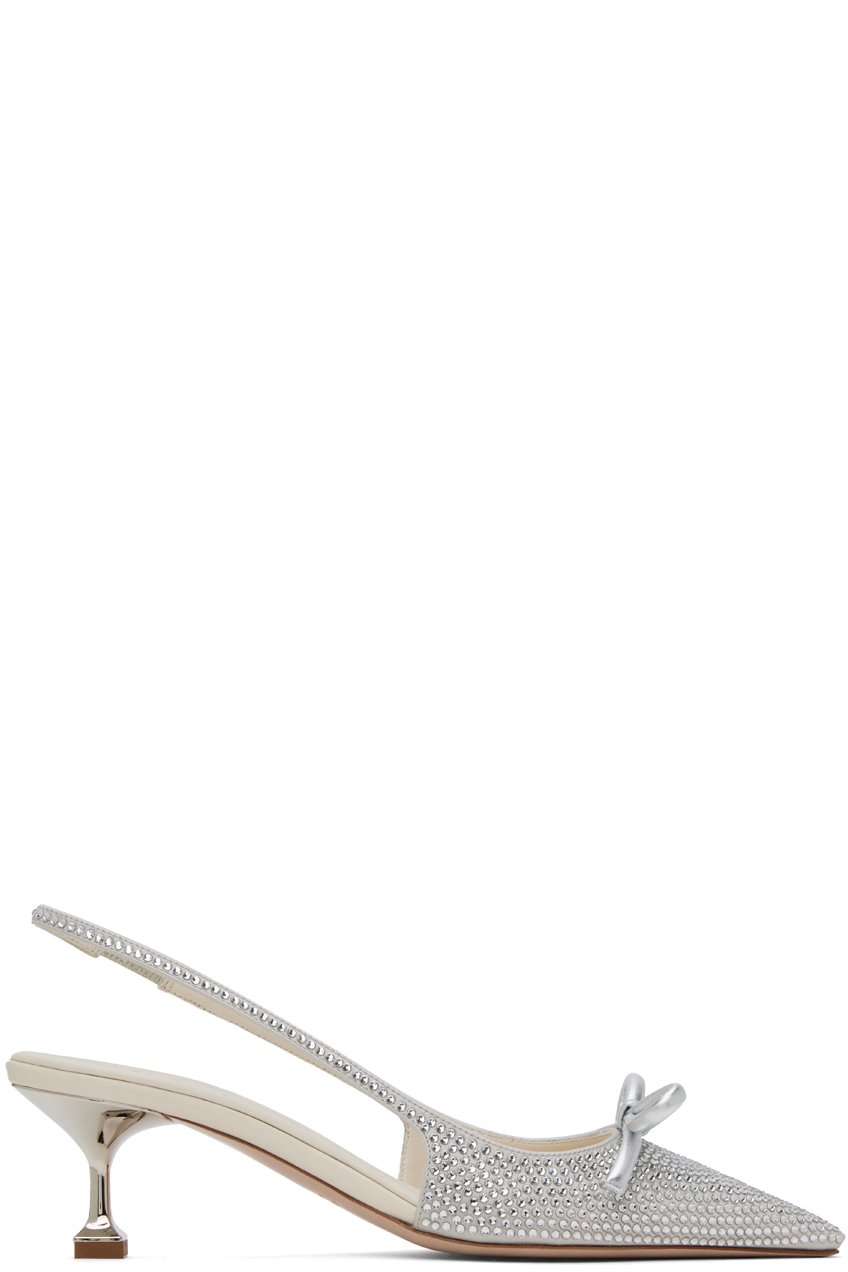Miu Miu - Chaussures à petit talon argentées en satin à bride arrière