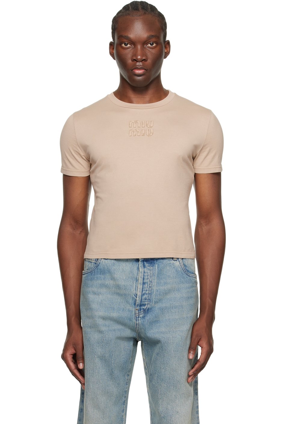 Miu Miu - T-shirt beige à logo brodé