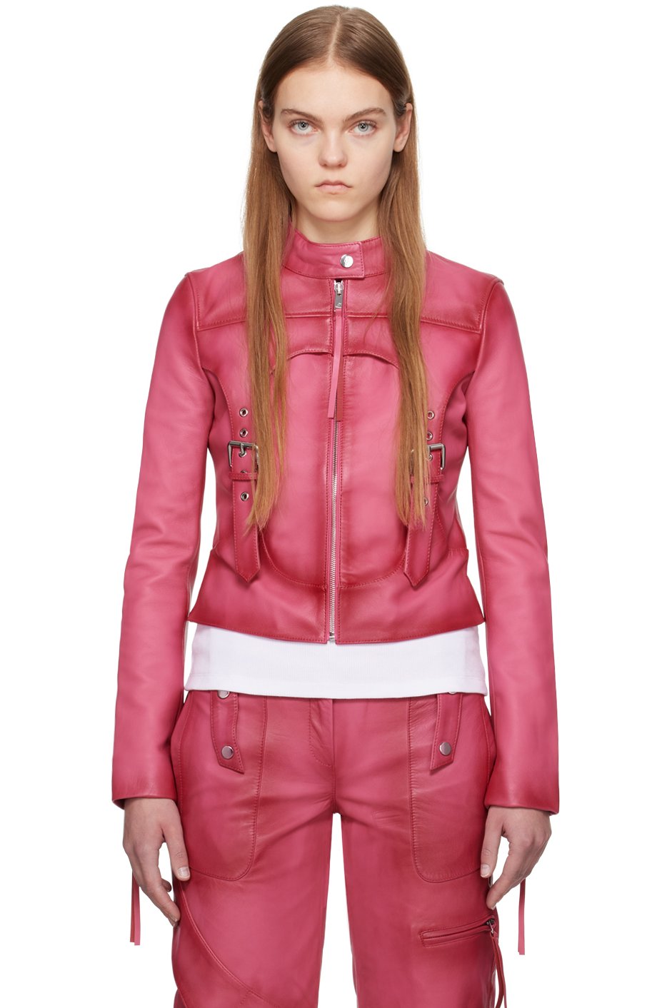 Blumarine - Blouson motard rose en cuir à pattes à boucle à ardillon