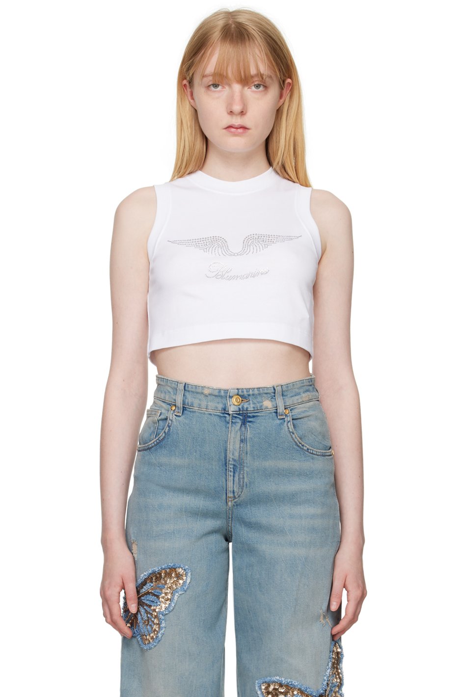 Blumarine - Débardeur blanc à image et logo en pierres du Rhin