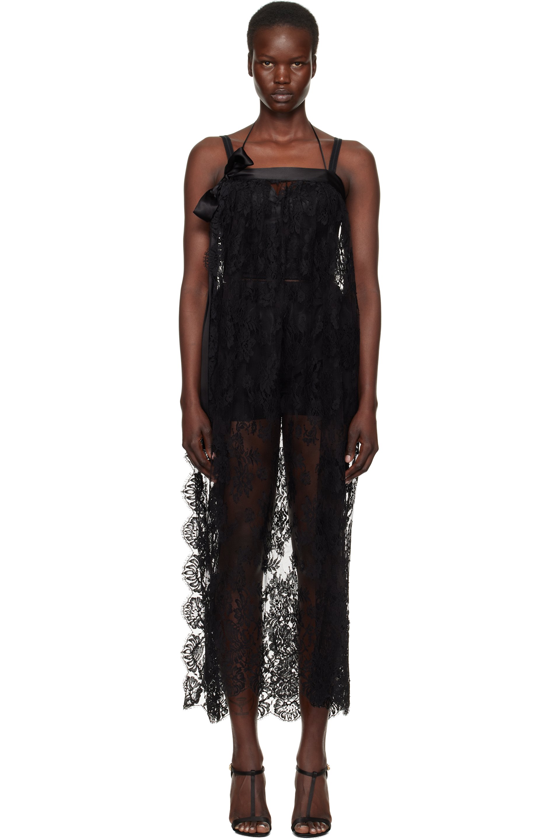 Black Calf-Length Chantilly Lace Midi Dress by Dolce&Gabbana on Sale