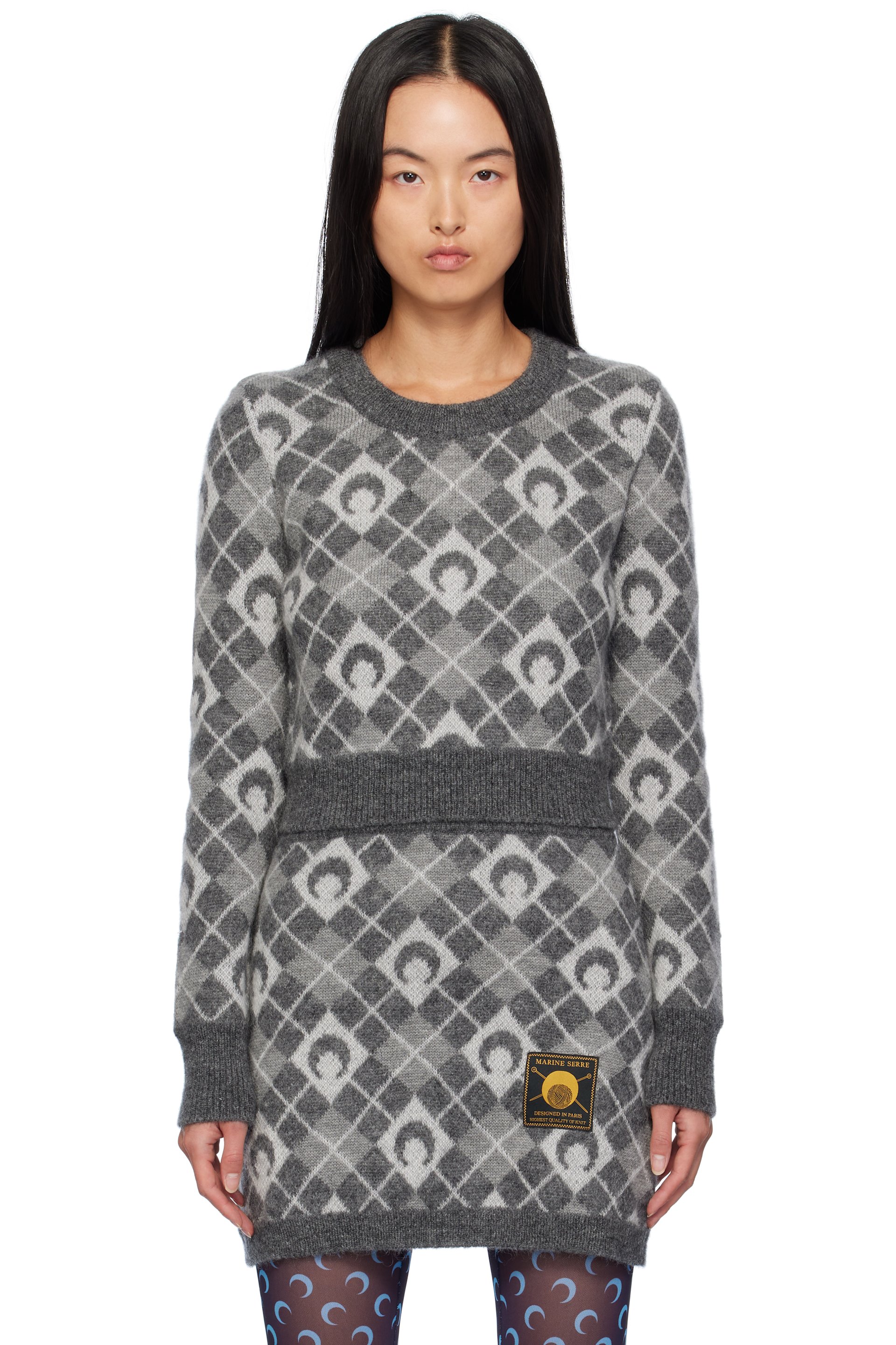 Marine Serre - Pull écourté gris en tricot à motif argyle à logos