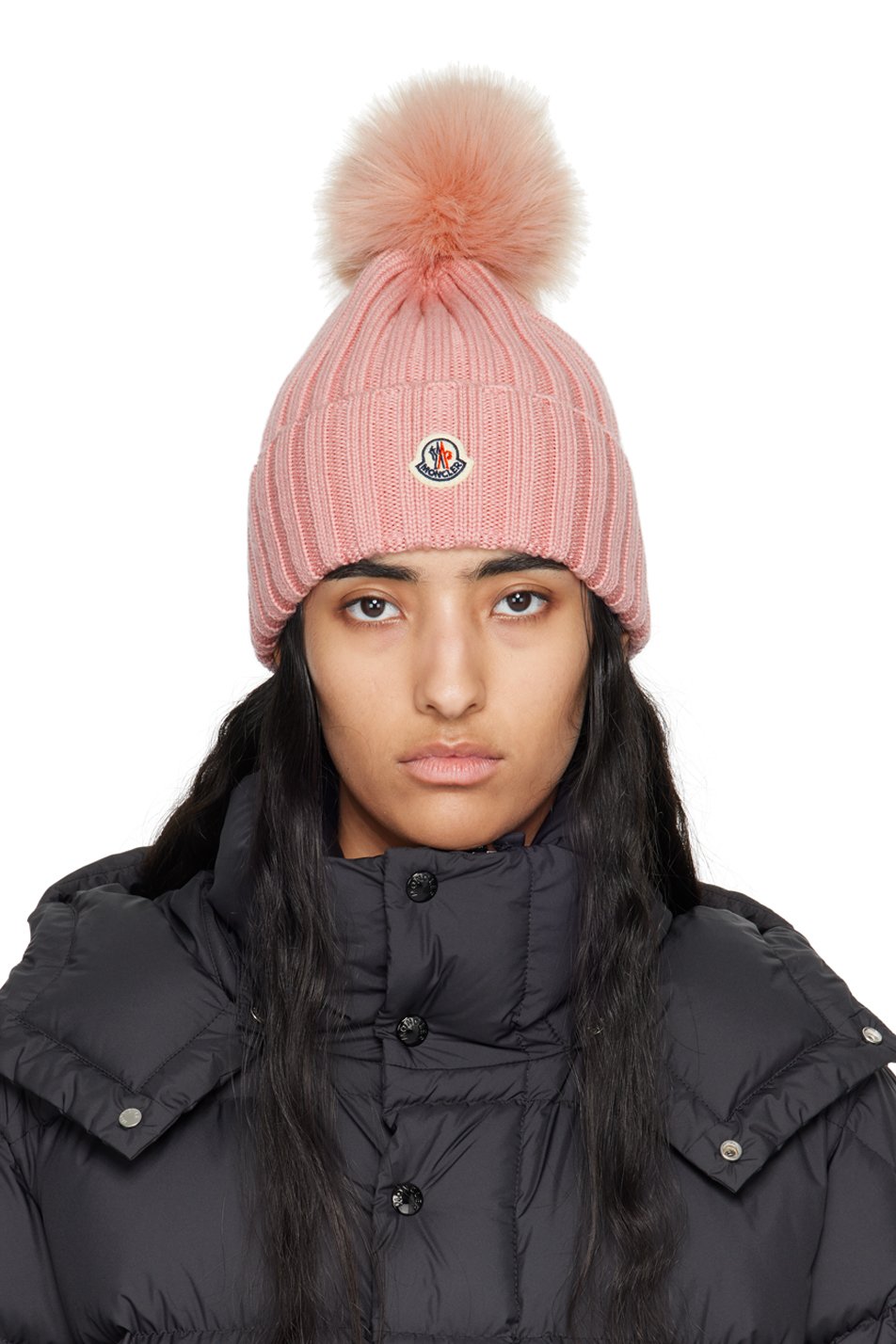 Moncler - Bonnet rose à pompon