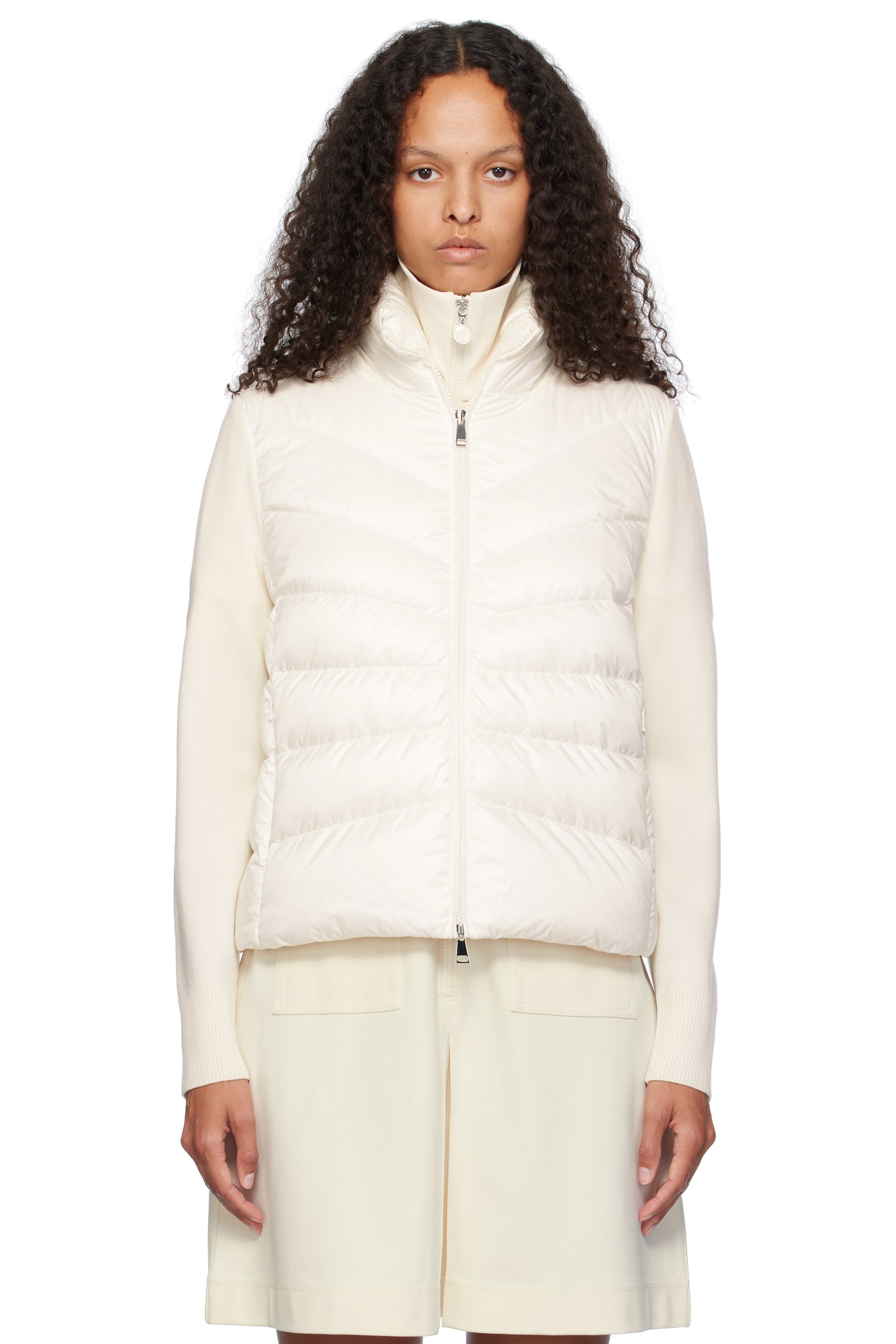Moncler - Cardigan blanc cassé en laine rembourré en duvet