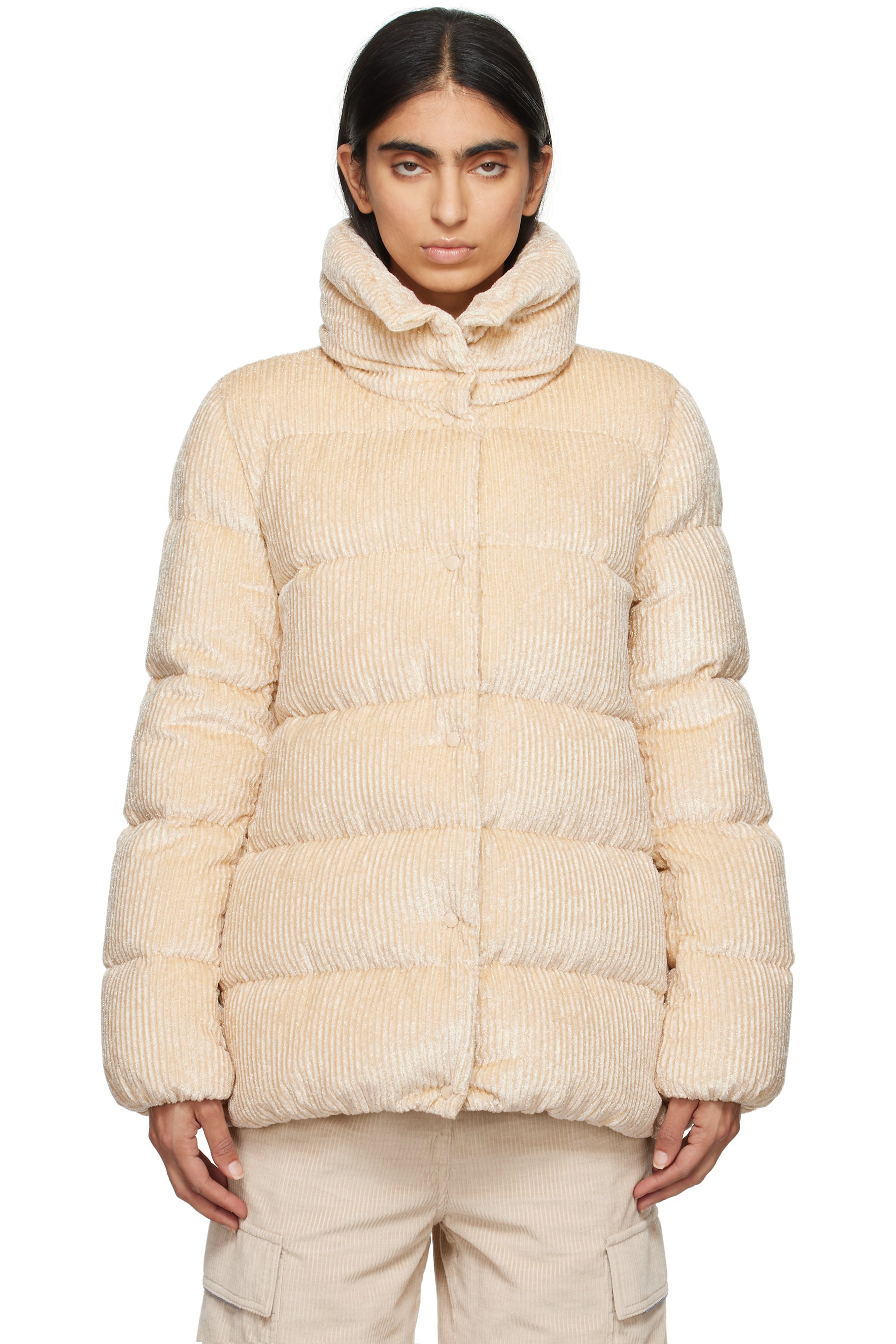 Moncler - Blouson court Cochevisse jaune en velours côtelé rembourré en duvet