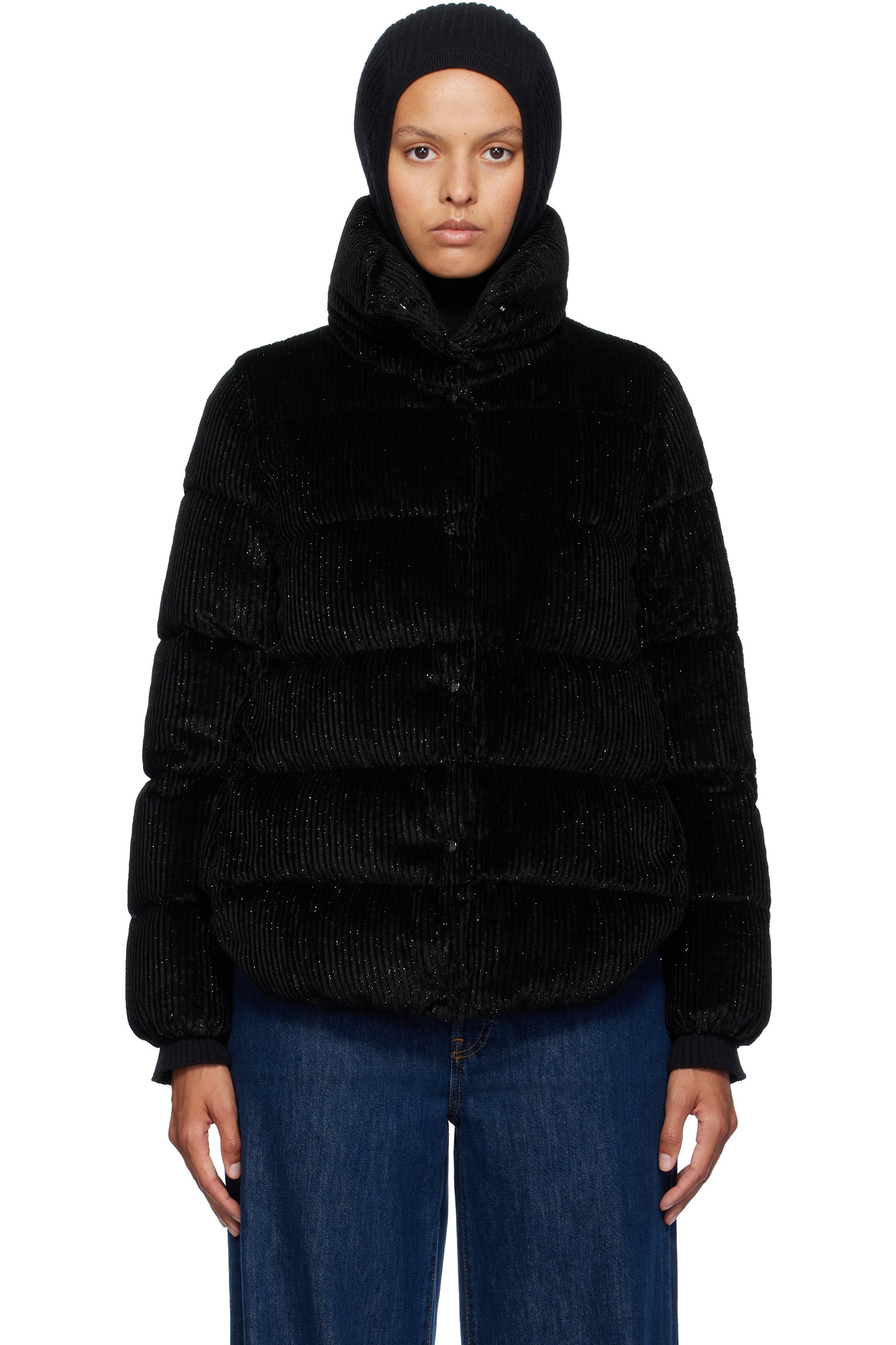Moncler - Blouson court Cochevisse noir en velours côtelé rembourré en duvet