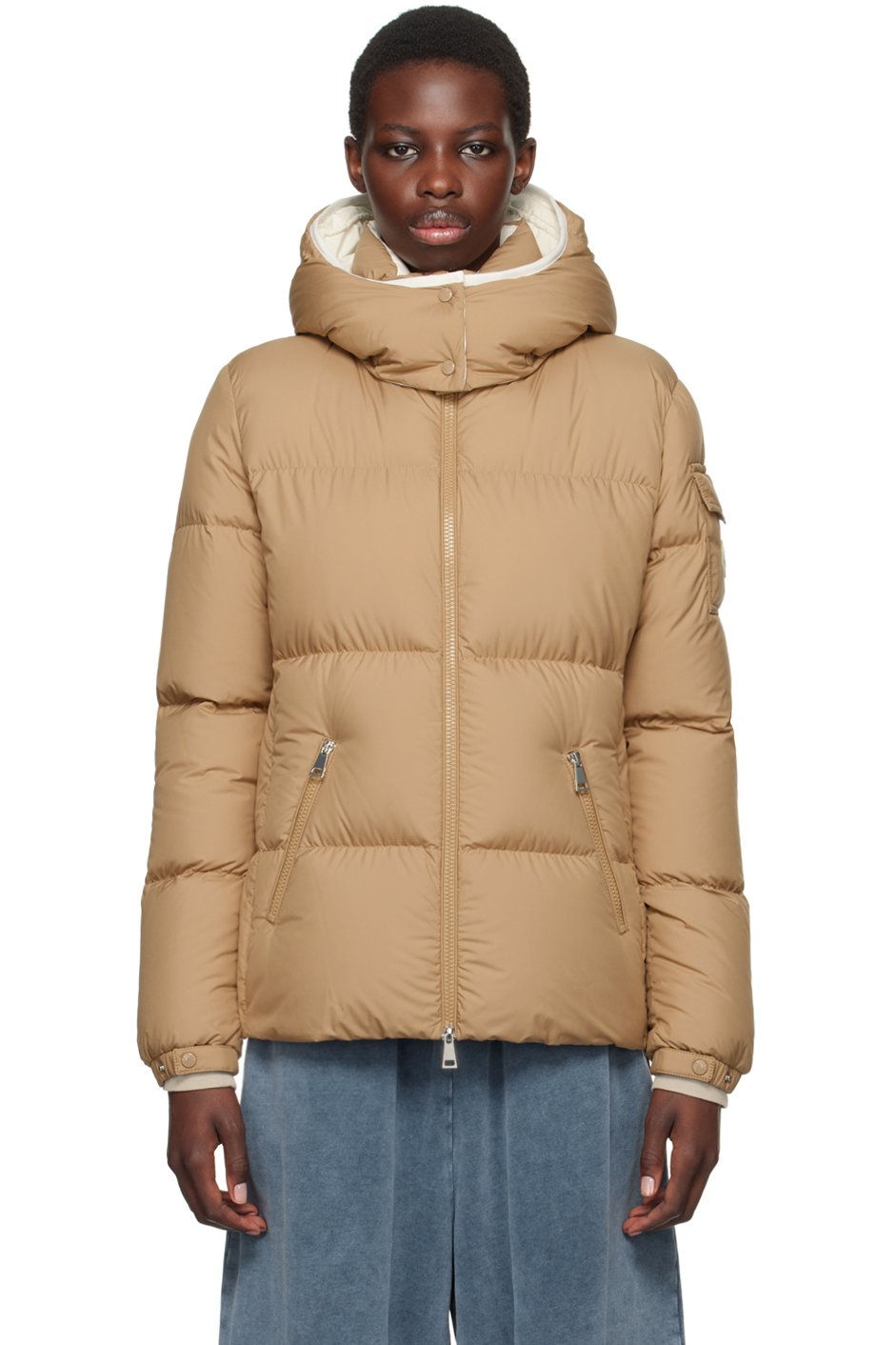 Moncler - Blouson écourté Fourmines brun clair rembourré en duvet