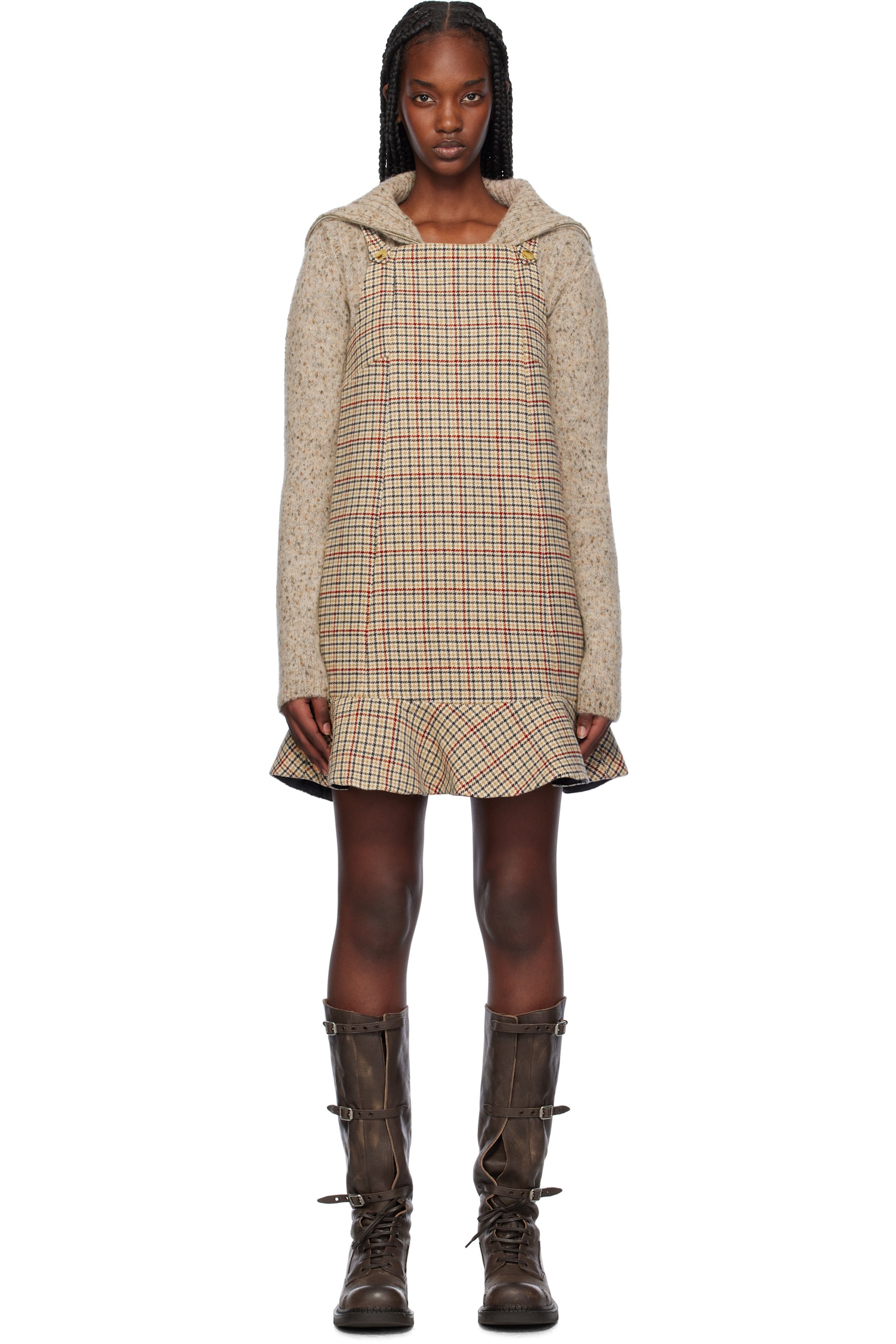 GANNI - Robe courte beige à carreaux