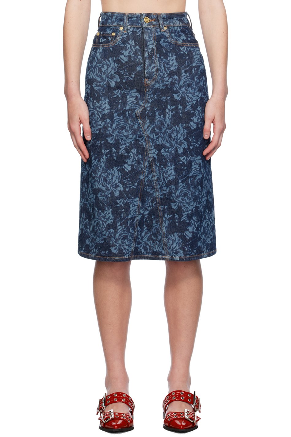 GANNI - Jupe midi bleue en denim à motif imprimé au laser